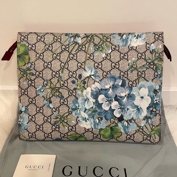Gucci 430268 Large Gg Blooms Blue/Beige Leather Supreme Canvas Clutch Pouch